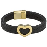 Bild von Armband Leder schwarz mit Herz Edelstahl PVD gelb 19cm