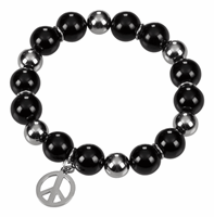 Bild von Onyx Stretch Armband mit Peace Zeichen PVD