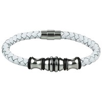 Bild von Armband Edelstahl / Leder weiss 19cm